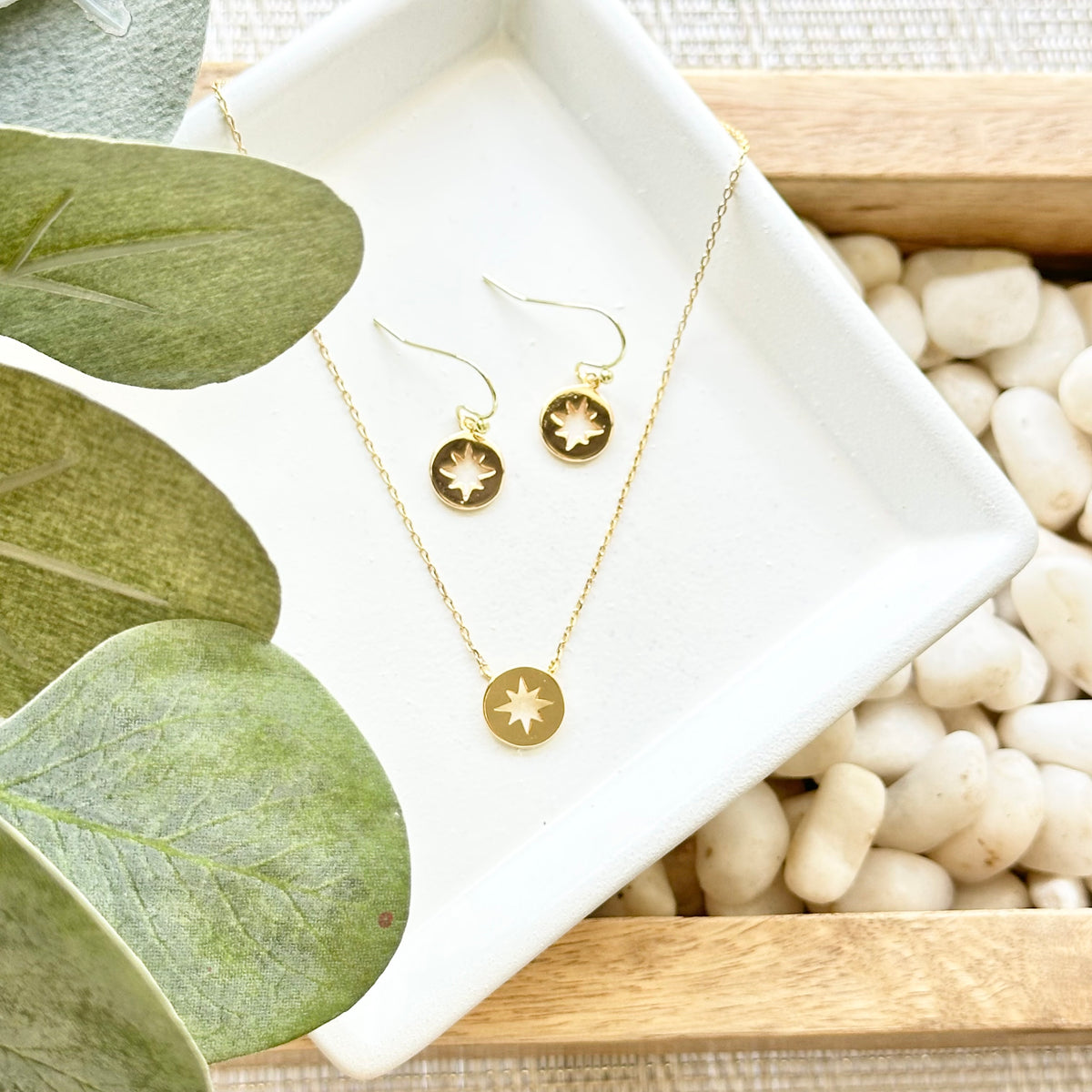 Moravian Star Disc Earrings, 14k Gold Plated