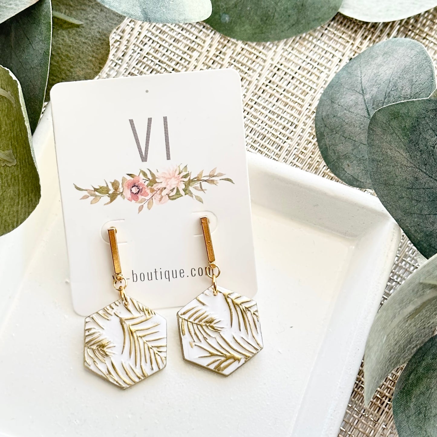 Palm Hexagon Earrings, White