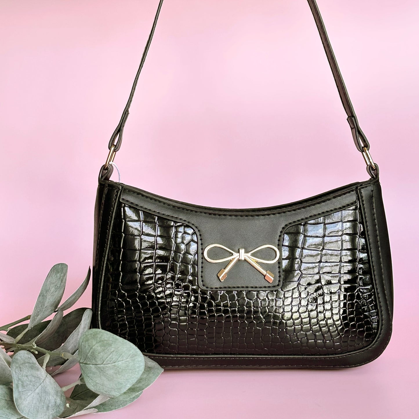 Marli Bow Handbag, Black Gator