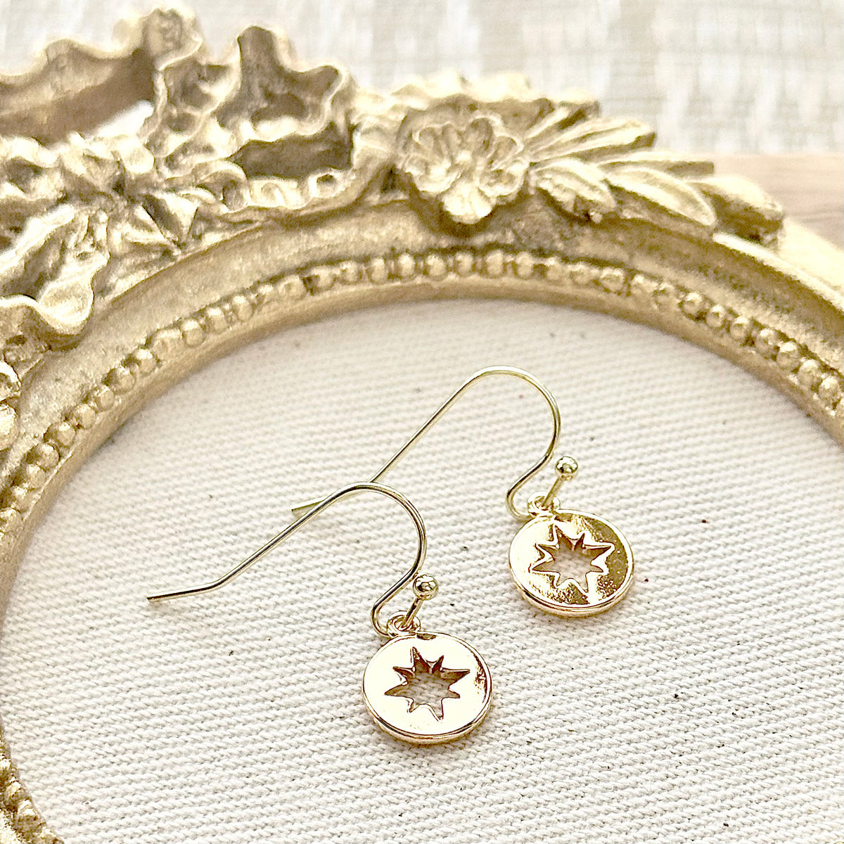 Moravian Star Disc Earrings, 14k Gold Plated