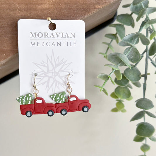 Little Red Truck Hauling a Christmas Tree Earrings