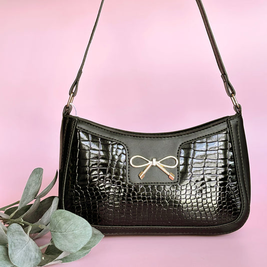 Marli Bow Handbag, Black Gator